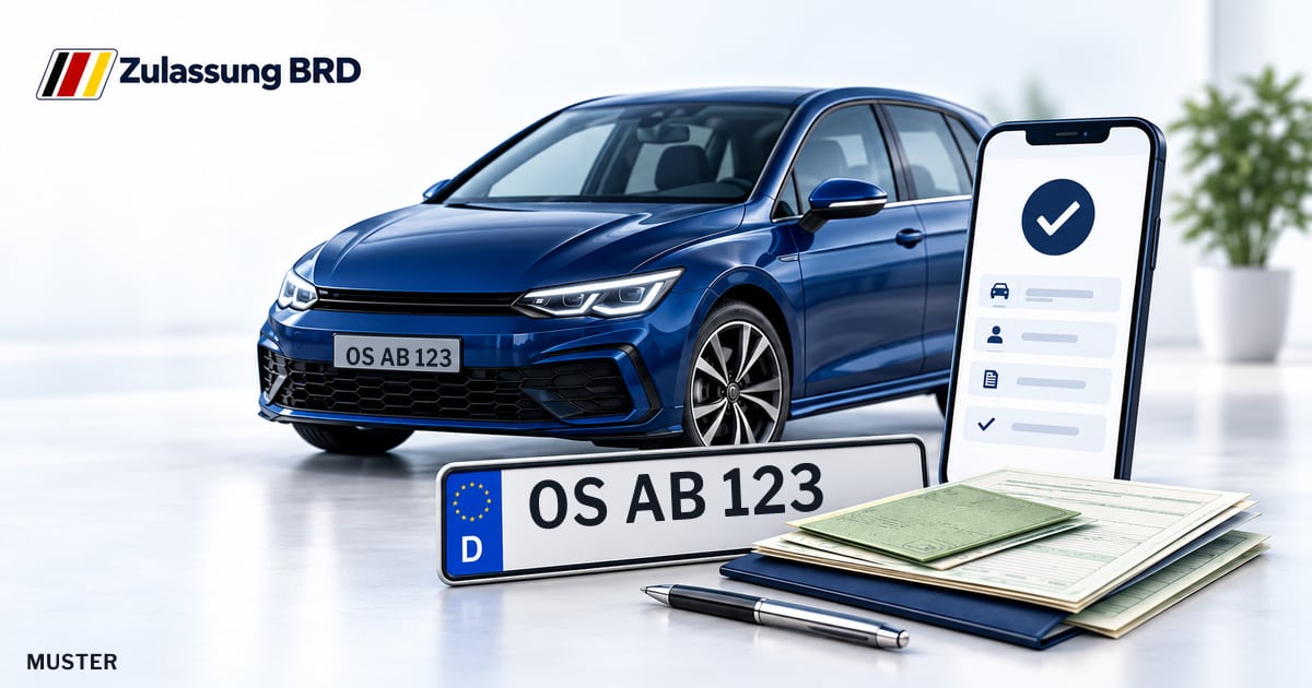 Online Fahrzeugzulassung in Wallenhorst: Musterkennzeichen OS AB 123, Auto und Fahrzeugpapiere und Smartphone. Illustration mit Logo von Zulassung BRD.